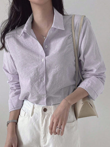 DAZY Women's Striped Loose Business Casual Long Sleeve Shirt