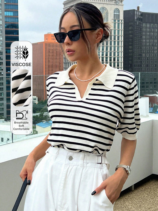 DAZY Striped Polo Collar Short Sleeve Casual Women Knitwear Top