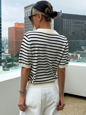 DAZY Striped Polo Collar Short Sleeve Casual Women Knitwear Top