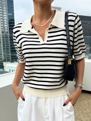 DAZY Striped Polo Collar Short Sleeve Casual Women Knitwear Top