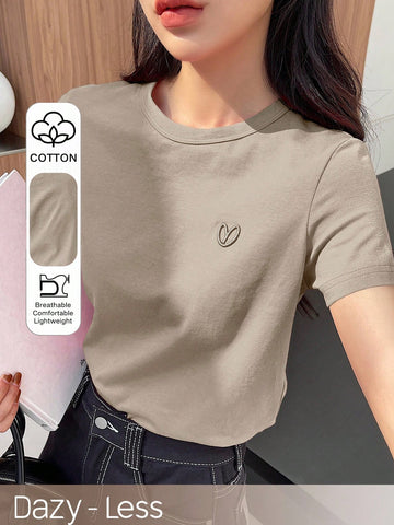 DAZY Solid Color Embroidered Heart Short Sleeve T-Shirt