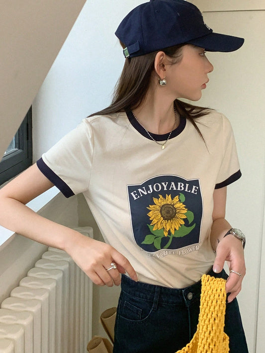 DAZY Sunflower & Letter Graphic Contrast Trim Tee