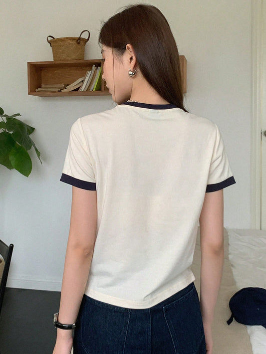 DAZY Sunflower & Letter Graphic Contrast Trim Tee