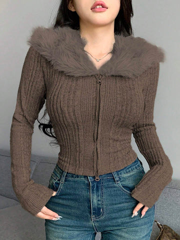 DAZY Textured Brushed Patchwork Collar Fitted Sexy Cardigan