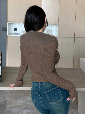 DAZY Textured Brushed Patchwork Collar Fitted Sexy Cardigan