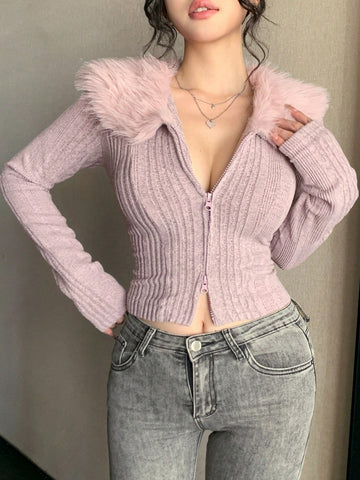 DAZY Textured Brushed Patchwork Collar Fitted Sexy Cardigan