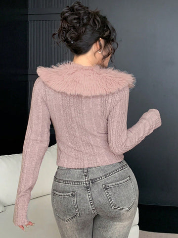 DAZY Textured Brushed Patchwork Collar Fitted Sexy Cardigan