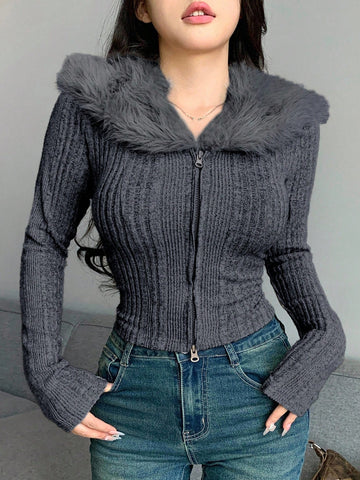 DAZY Textured Brushed Patchwork Collar Fitted Sexy Cardigan