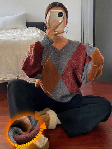 DAZY Plaid Loose Long Sleeve Crew Neck Women Sweater