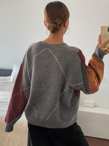 DAZY Plaid Loose Long Sleeve Crew Neck Women Sweater