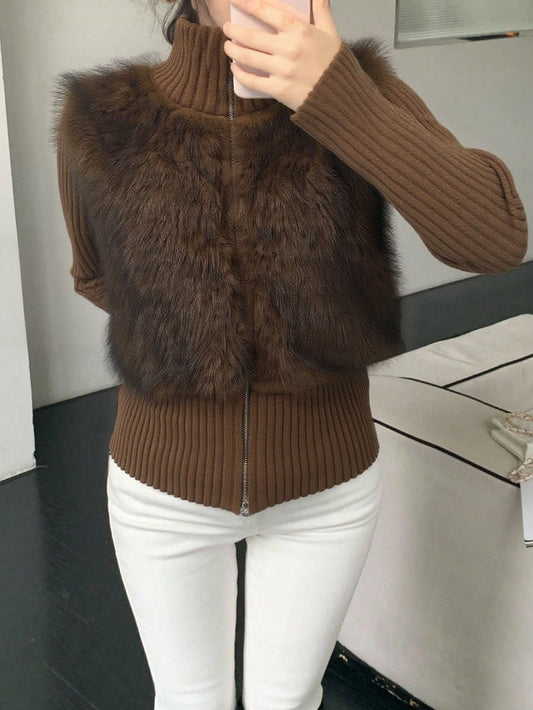 DAZY Thick Knitted Faux Fur Patchwork High Collar Zip-Up Cardigan