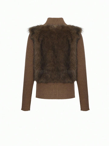 DAZY Thick Knitted Faux Fur Patchwork High Collar Zip-Up Cardigan