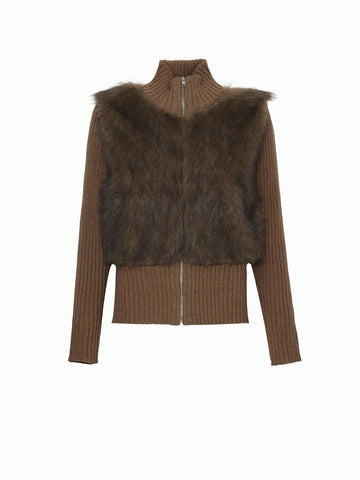 DAZY Thick Knitted Faux Fur Patchwork High Collar Zip-Up Cardigan