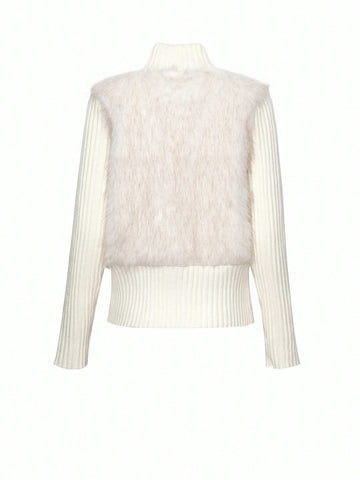DAZY Thick Knitted Faux Fur Patchwork High Collar Zip-Up Cardigan