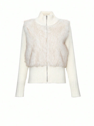 DAZY Thick Knitted Faux Fur Patchwork High Collar Zip-Up Cardigan