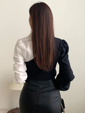 DAZY Women's Contrast Color Patchwork Shirt-Style Top