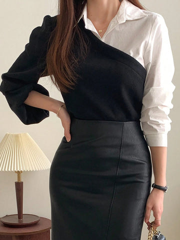 DAZY Women's Contrast Color Patchwork Shirt-Style Top