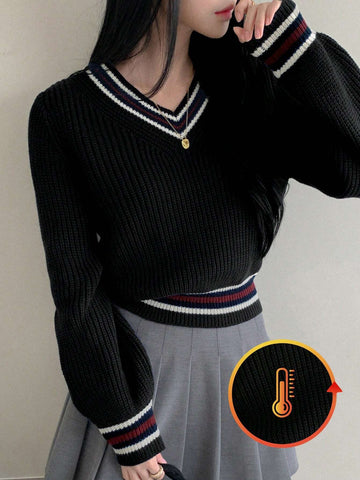 DAZY Casual Color Block V-Neck Sweater