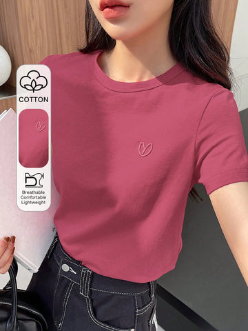 DAZY Solid Color Embroidered Heart Short Sleeve T-Shirt