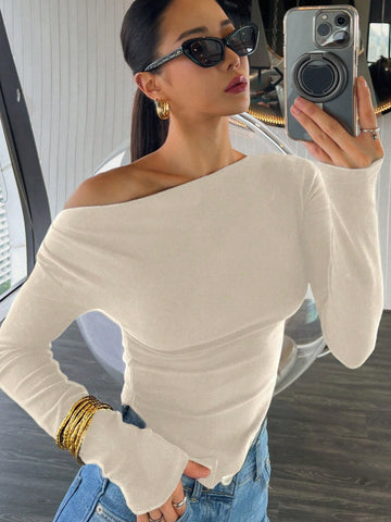 Women's Slim Asymmetrical Neck Solid Color Long Sleeve Casual T-Shirt