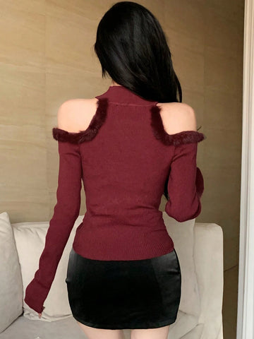 Women's Fuzzy Patchwork Off-Shoulder High Neck Knit Sweater