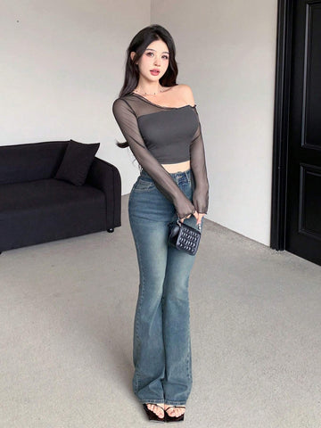 Casual Solid Color Mesh Splicing Crop Top With Asymmetric Neckline