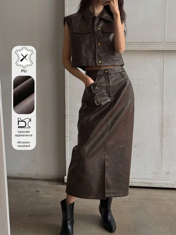 Women Front Button Pocket Blouse And PU Skirt