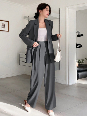 Casual Notched Collar Double-Breasted Straight Long Sleeve Jacket And Straight Long Pants