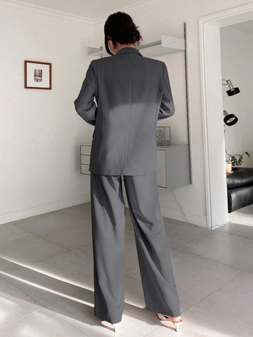 Casual Notched Collar Double-Breasted Straight Long Sleeve Jacket And Straight Long Pants