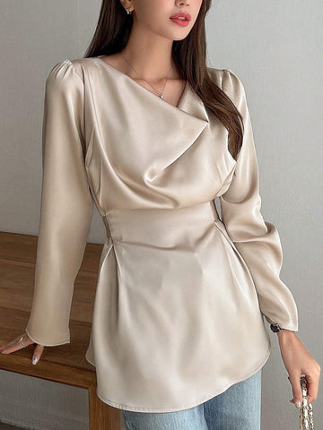 Dazy Star Women's Solid Color Ruffled Collar Puff Sleeve Casual Business Shirt