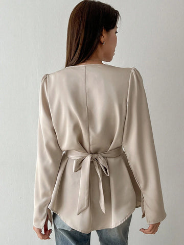 Dazy Star Women's Solid Color Ruffled Collar Puff Sleeve Casual Business Shirt