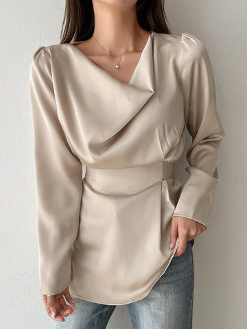 Dazy Star Women's Solid Color Ruffled Collar Puff Sleeve Casual Business Shirt