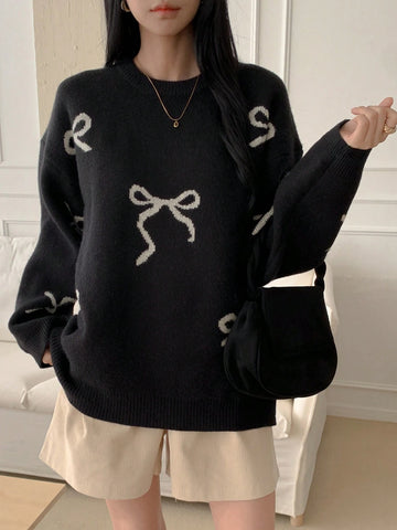 Round Neck Dropped Shoulder Loose Bow Pattern Pullover Sweater