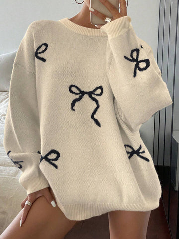 Round Neck Dropped Shoulder Loose Bow Pattern Pullover Sweater