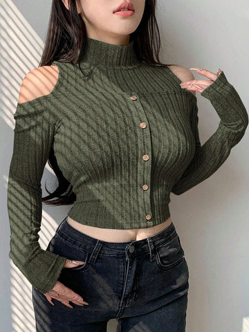 Dazy Designer Women's Cold Shoulder Ribbed Long Sleeve T-Shirt