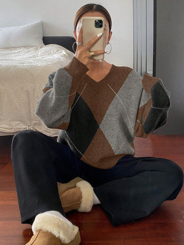 DAZY Plaid Loose Long Sleeve Crew Neck Women Sweater