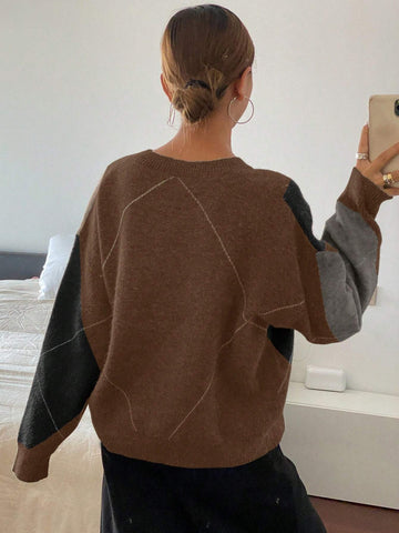 DAZY Plaid Loose Long Sleeve Crew Neck Women Sweater