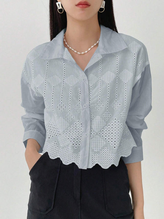 Women Fashionable Solid Color Mesh Hollow Out Long Sleeve Shirt