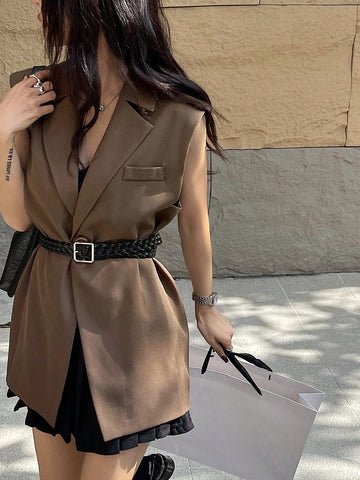 DAZY Women Front Button Sleeveless Pocket Plain Casual Vest Women Blazers
