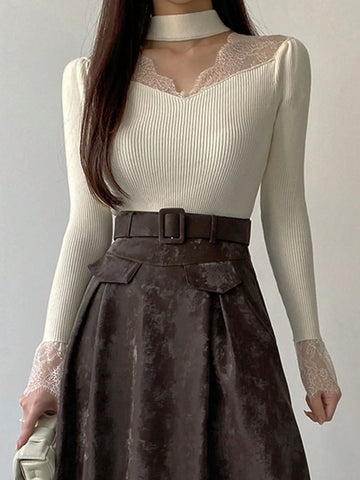 DAZY Women Lace Splice Hollow Out Slim Fit Long Sleeve Sweater