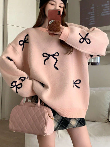 Round Neck Dropped Shoulder Loose Bow Pattern Pullover Sweater