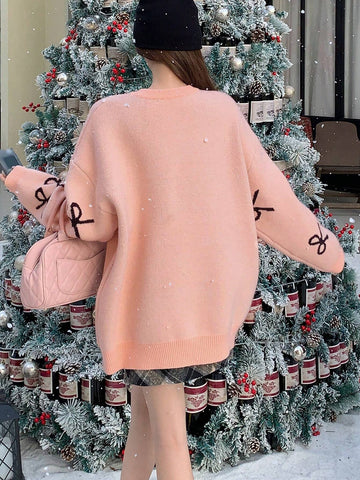Round Neck Dropped Shoulder Loose Bow Pattern Pullover Sweater