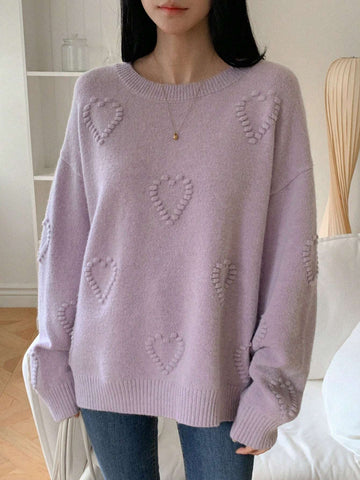 Women Loose Fit Heart Jacquard Round Neck Long Sleeve Sweater