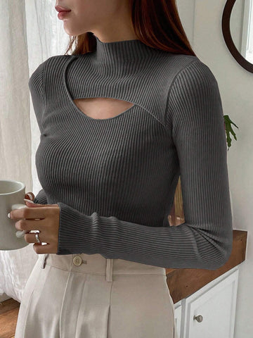 DAZY Cut Out Mock Neck Ribbed Knit Sweater,Long Sleeve Tops