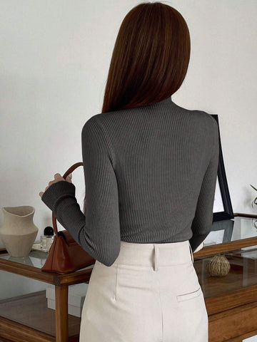 DAZY Cut Out Mock Neck Ribbed Knit Sweater,Long Sleeve Tops