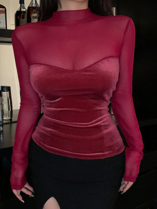 Women's Long Sleeve Fitted Mesh Splice T-Shirt