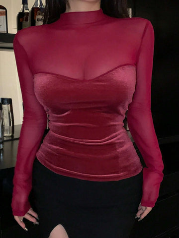 Women's Long Sleeve Fitted Mesh Splice T-Shirt