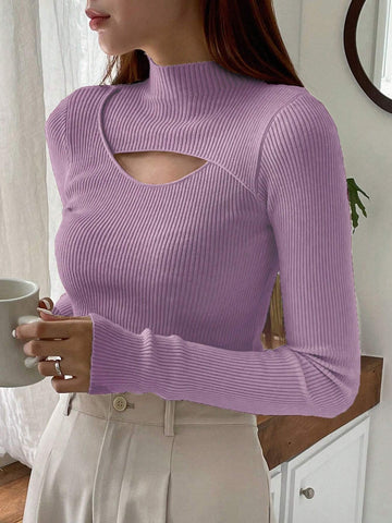 DAZY Cut Out Mock Neck Ribbed Knit Sweater,Long Sleeve Tops