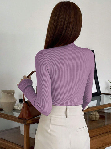 DAZY Cut Out Mock Neck Ribbed Knit Sweater,Long Sleeve Tops