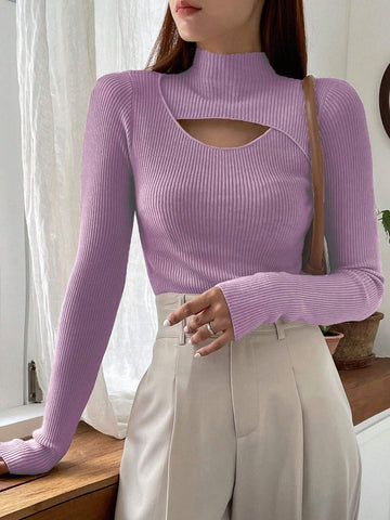 DAZY Cut Out Mock Neck Ribbed Knit Sweater,Long Sleeve Tops